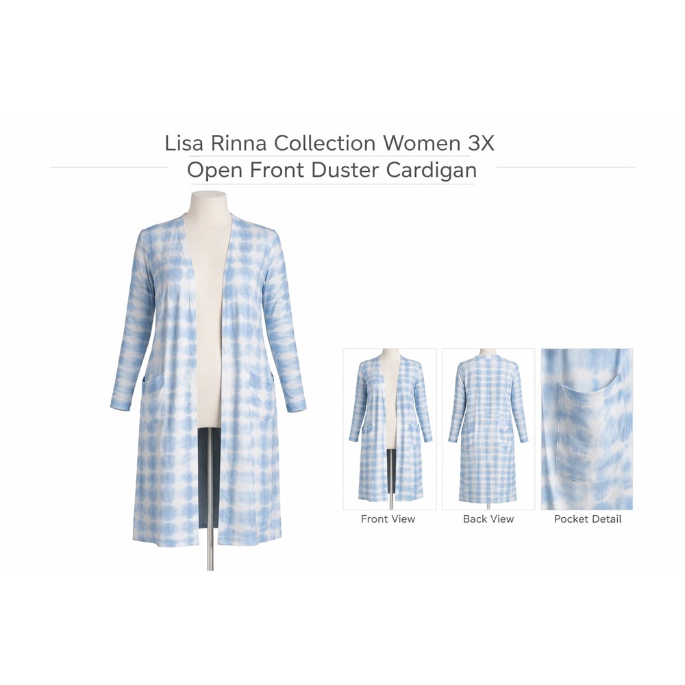 Lisa Rinna Collection Women 3X Tie-Dye Open Front Duster Cardigan Denim Blue‎